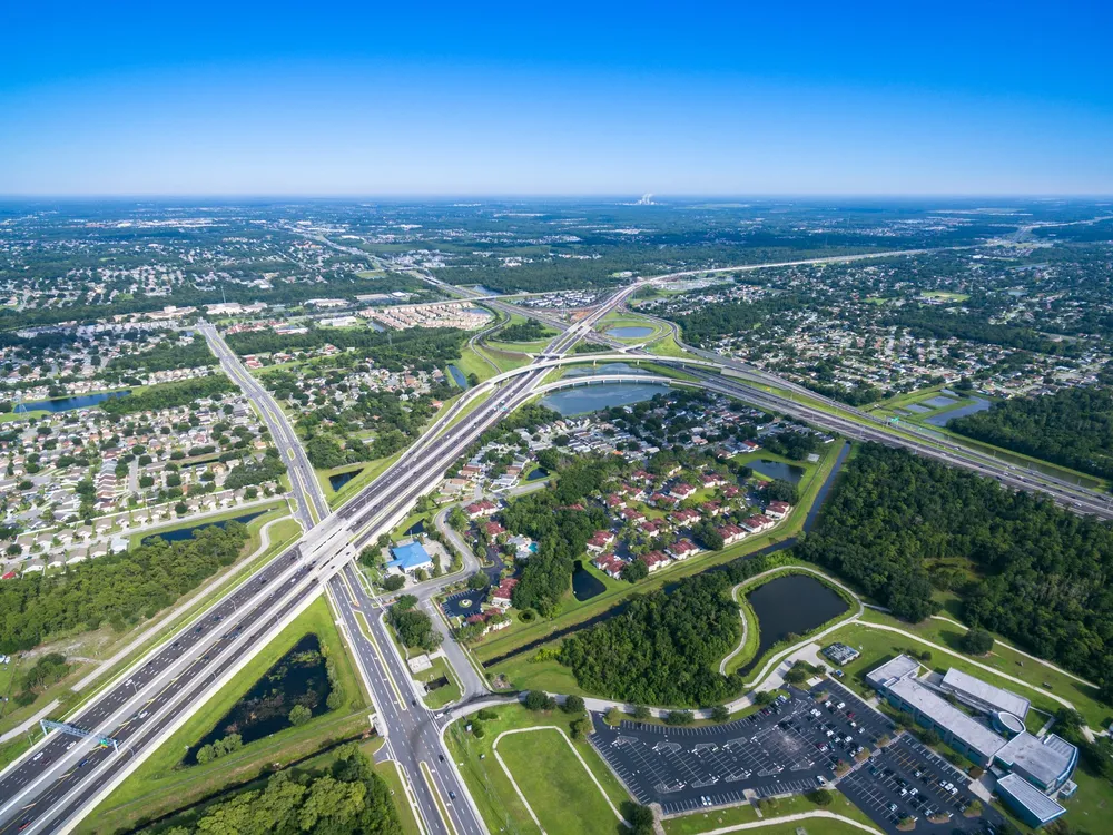 Aerial view of Orlando, Florida suburbs and highways.
